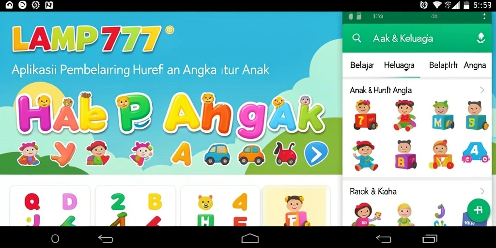 Tampilan antarmuka LAMPU777 yang cerah dan interaktif untuk belajar huruf dan angka.